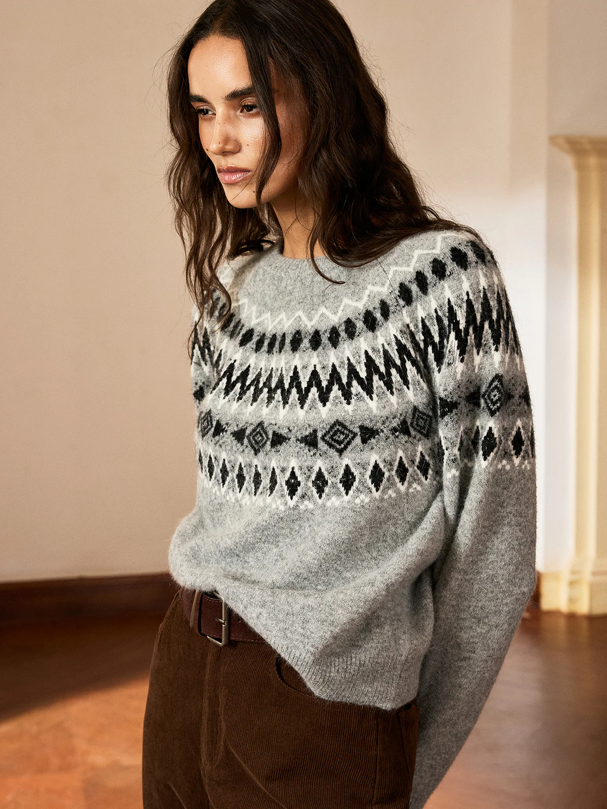 Fair Isle Pattern Crew Neck Knit Sweater - Wholesalesil