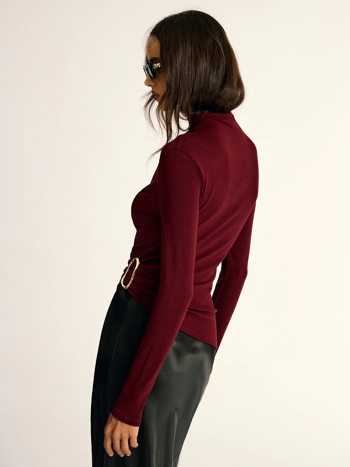 Metal Buckle Asymmetric Mock Neck Blouse - Wholesalesil