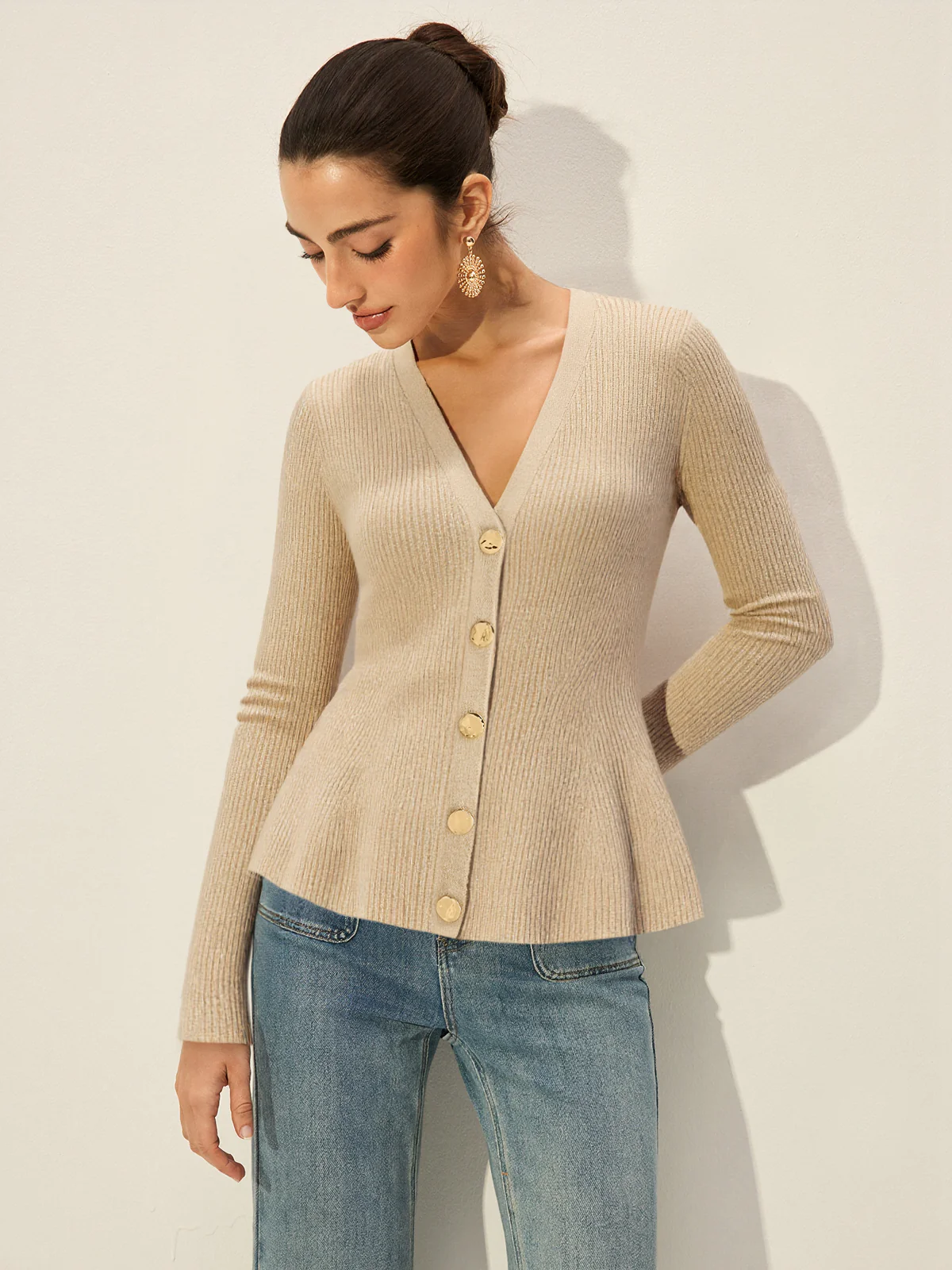 V-Neck Button Ribbed Cardigan - Wholesalesil