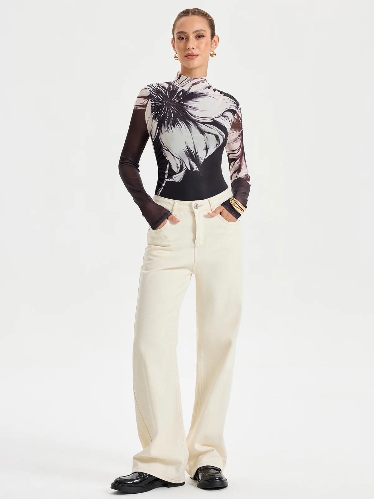 Floral Placement Print Mesh Bodysuit - Wholesalesil