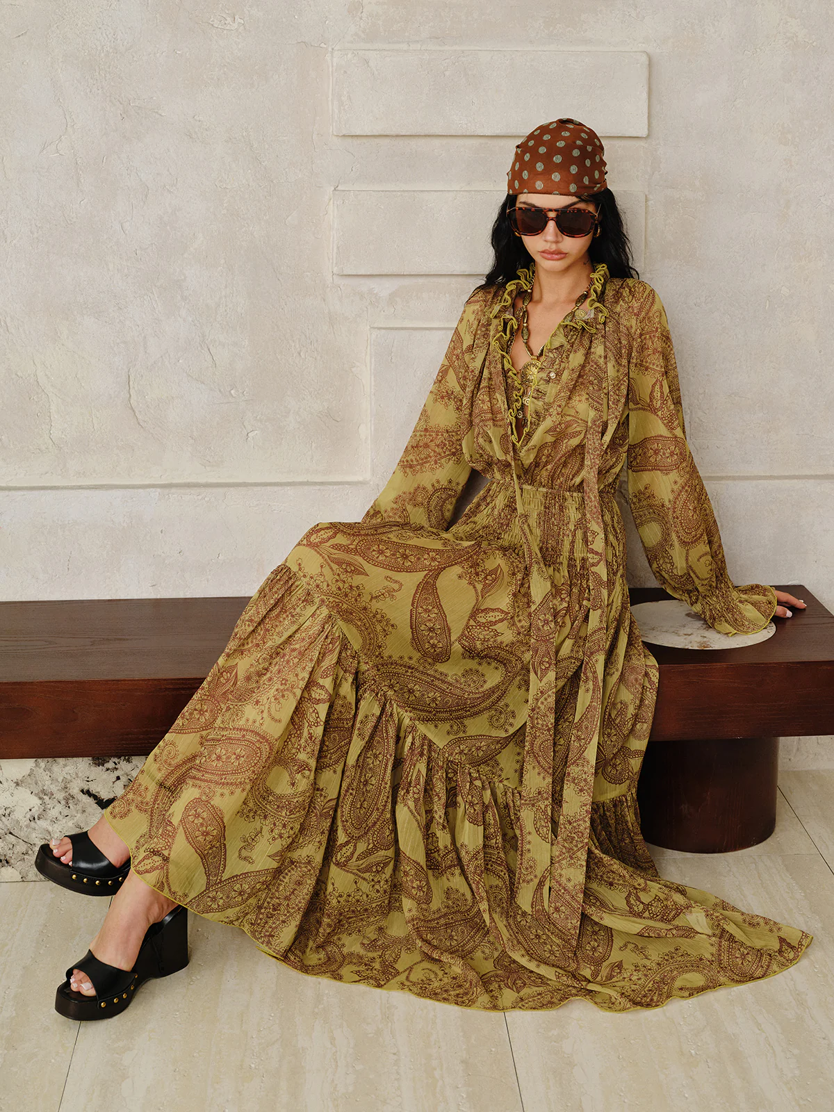 Boho Print Chiffon Maxi Dress Set with Liner - Wholesalesil