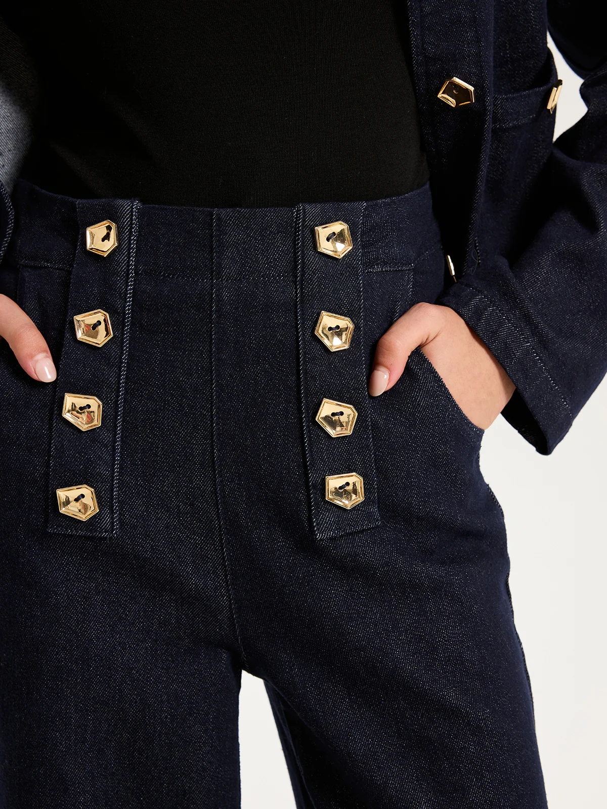 Metal Detail Denim Wide-Leg Jeans - Wholesalesil