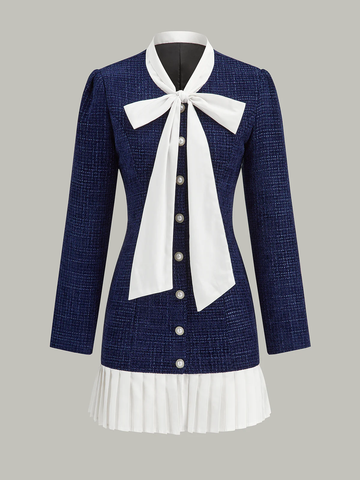 Pleated Hem Bow Neckline Tweed Mini Dress - Wholesalesil