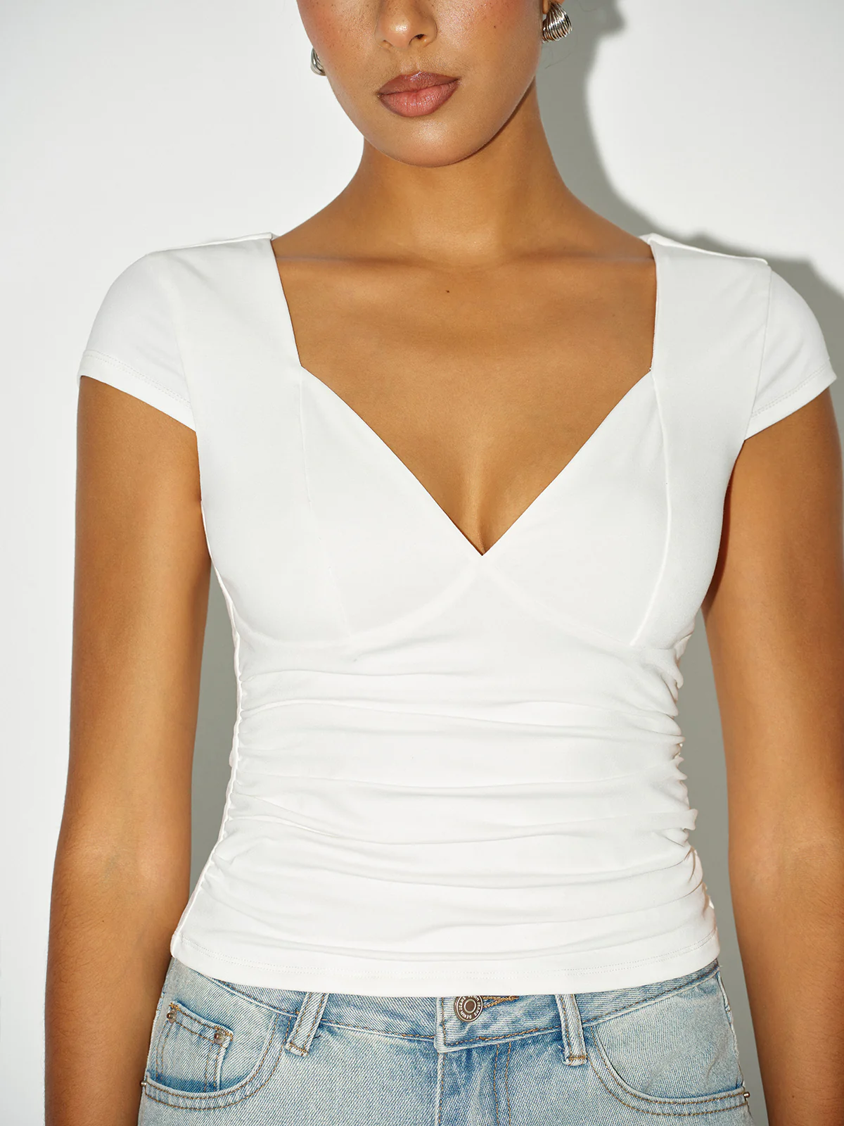 Ruched V-Neck Cap Sleeve T-Shirt - Wholesalesil