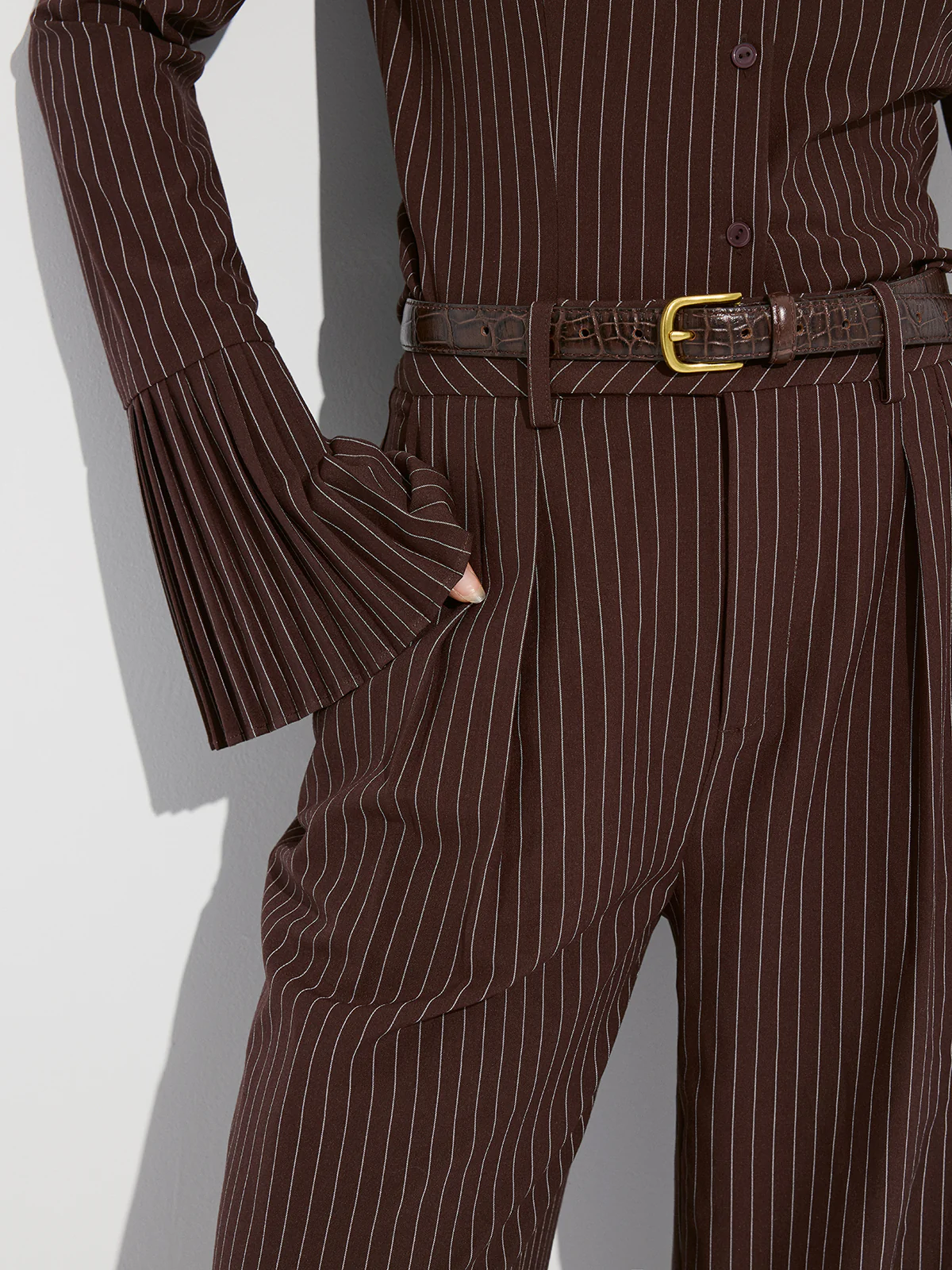 Striped Pleated Wide-Leg Pants without Belt - Wholesalesil
