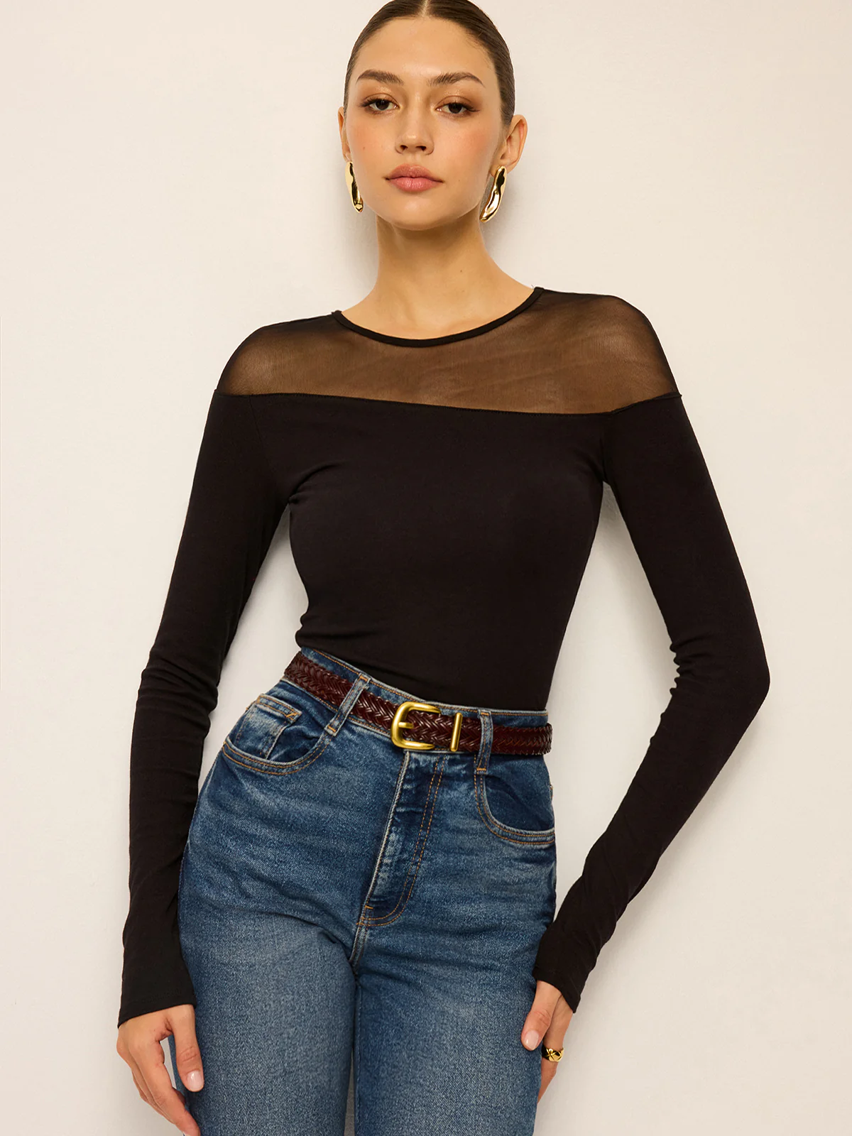 Sheer-Paneled Long-Sleeve Top - Wholesalesil