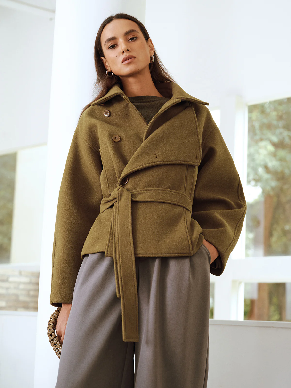 Belted Faux Cashmere Collared Coat - Wholesalesil