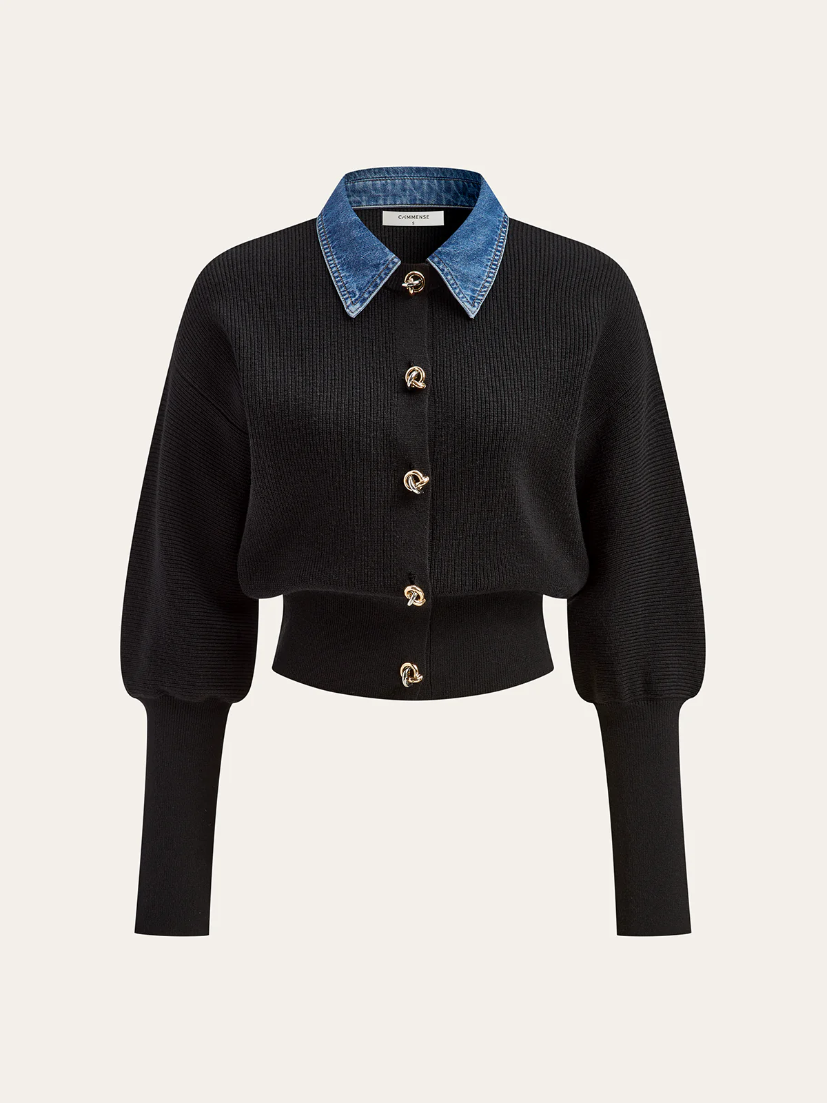 Wool Blend Denim Collar Puff Sleeve Cardigan - Wholesalesil