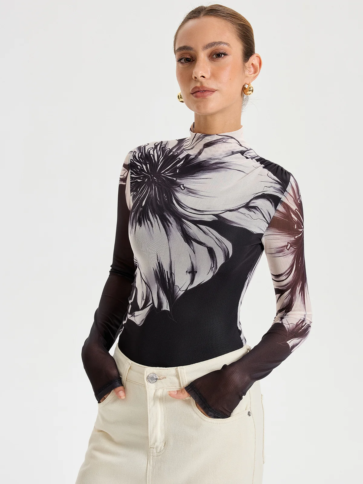 Floral Placement Print Mesh Bodysuit - Wholesalesil