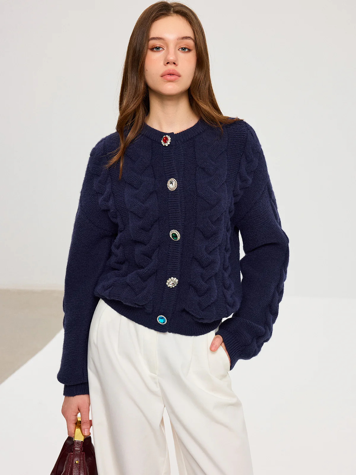 Cable Knit Rhinestone Button Cardigan - Wholesalesil