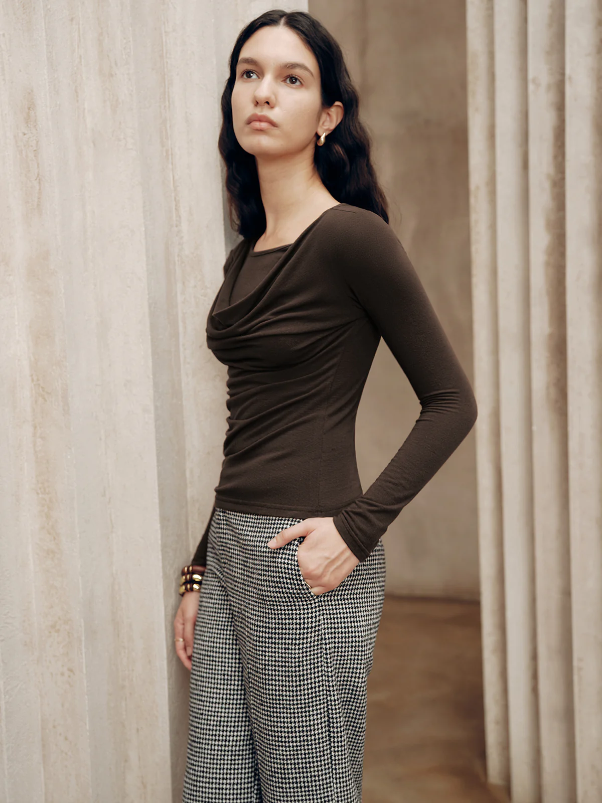 Long Sleeve Draped Crew Neck Top - Wholesalesil