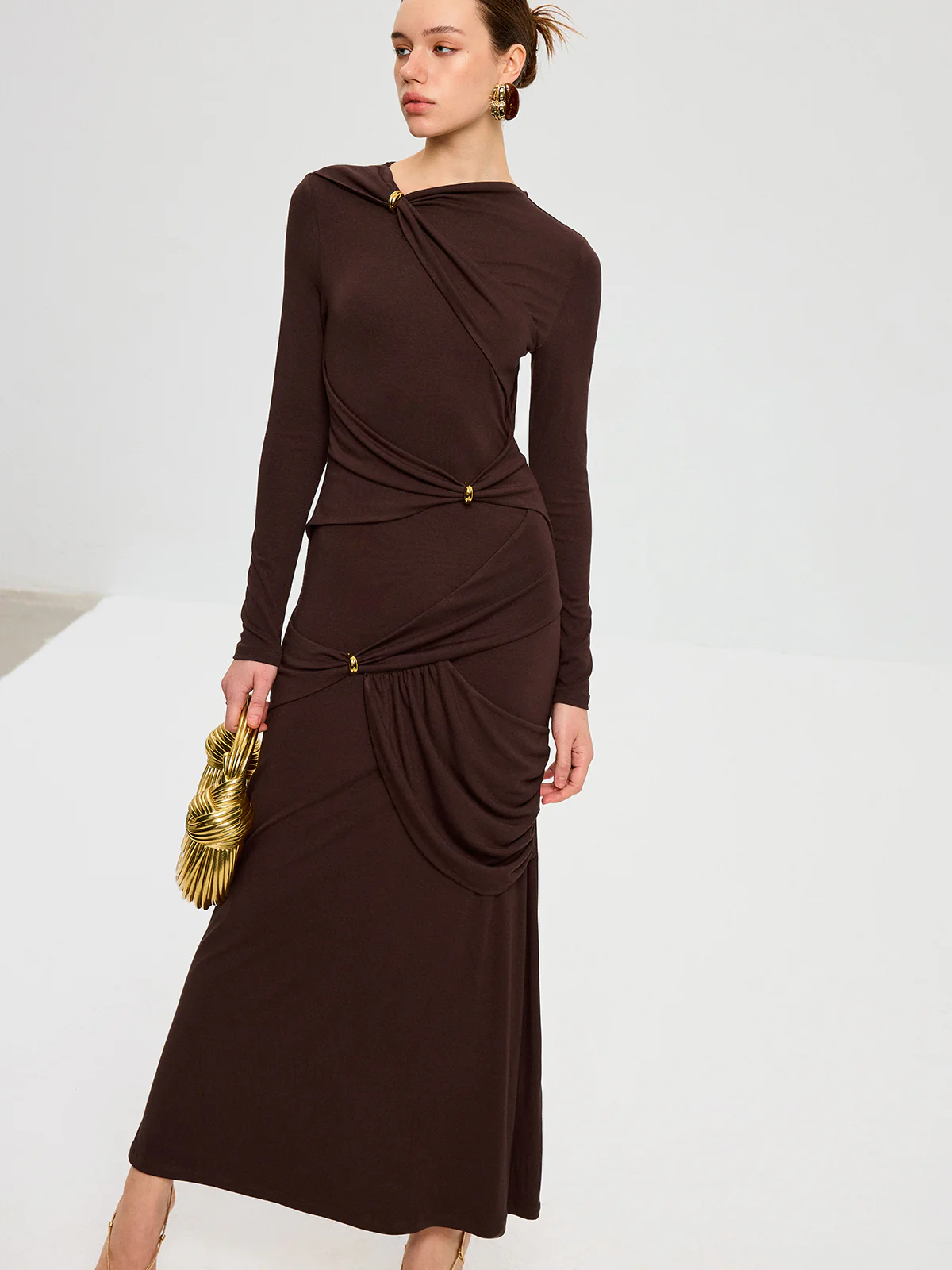 Metal Detail Long Sleeve Draped Maxi Dress - Wholesalesil