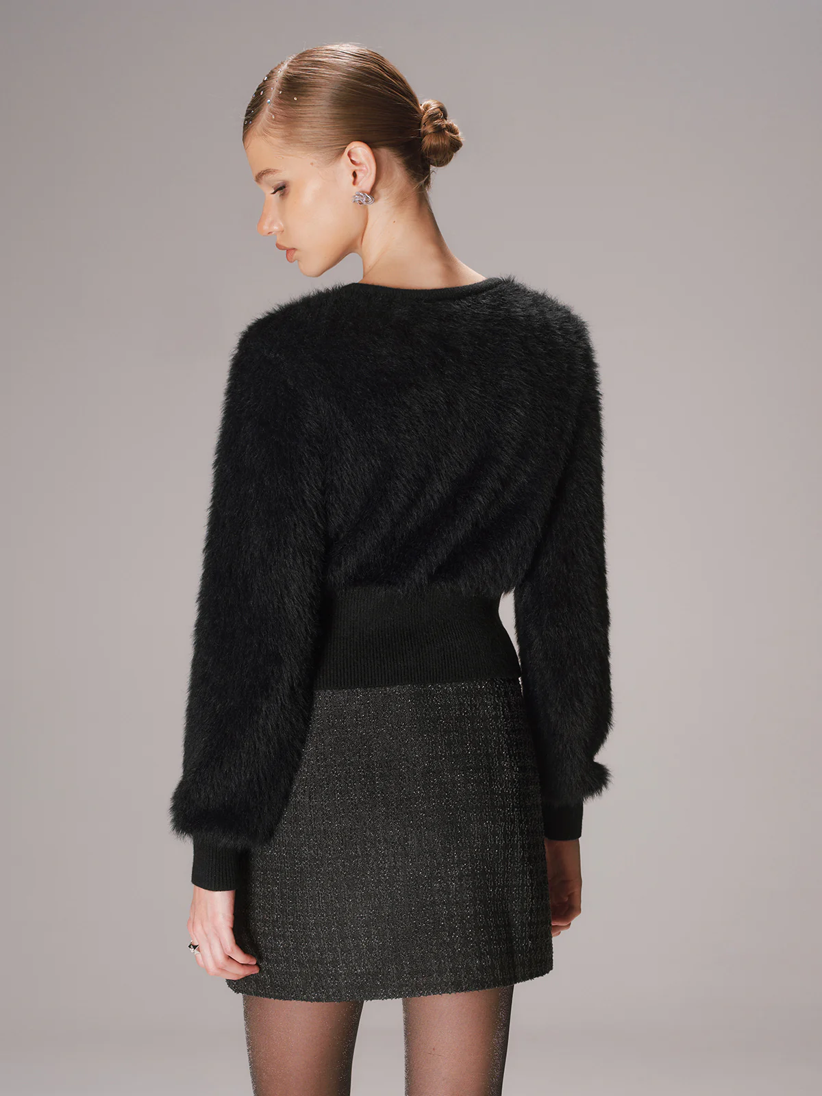 Button-Front Faux Mink Cropped Cardigan - Wholesalesil