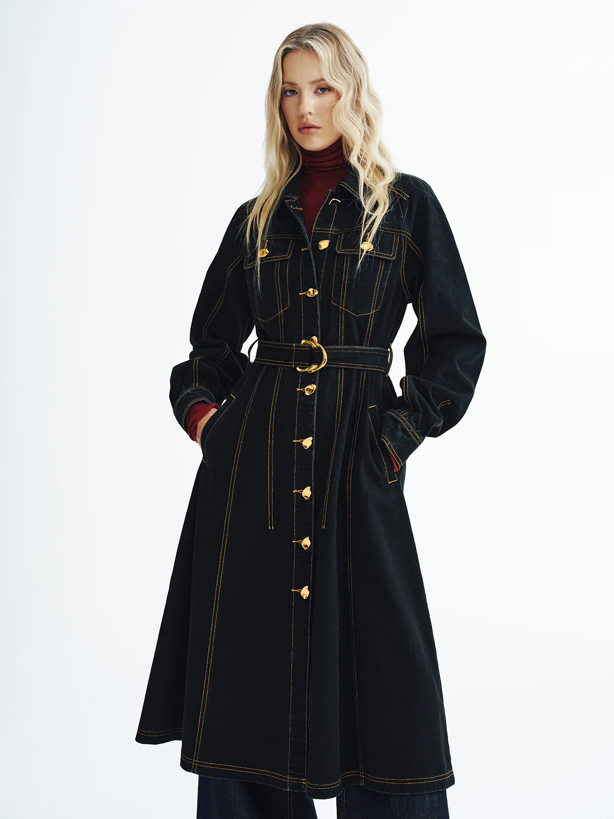 Metal Button Denim Belted Maxi Shirt Dress - Wholesalesil