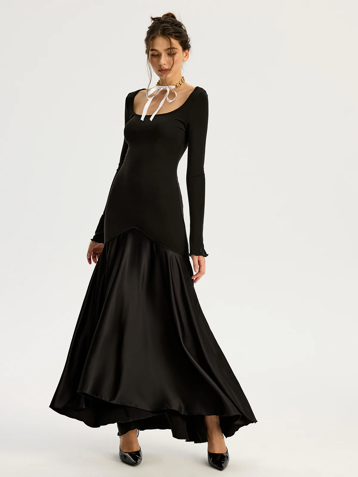 Satin Panel Jersey Sqaure Neck Long Dress - Wholesalesil