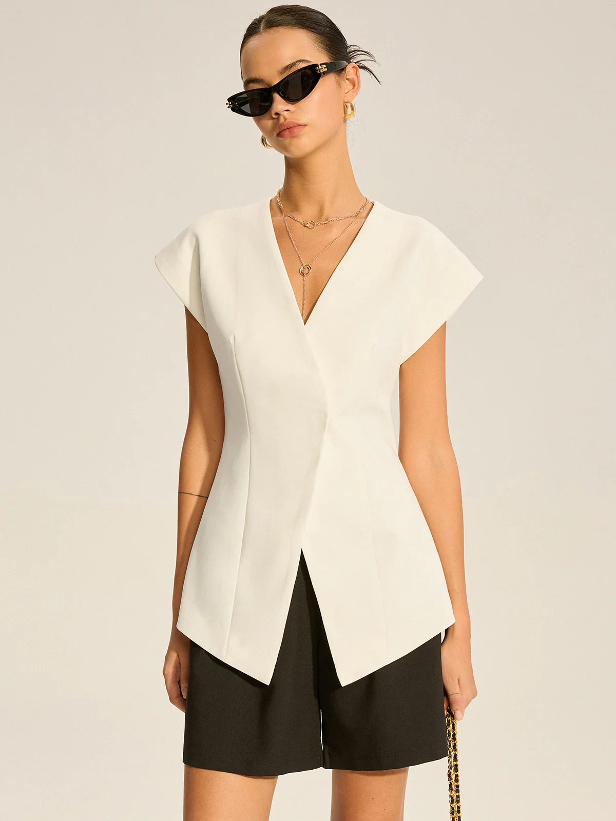 V-Neck Cap Sleeve Vest - Wholesalesil