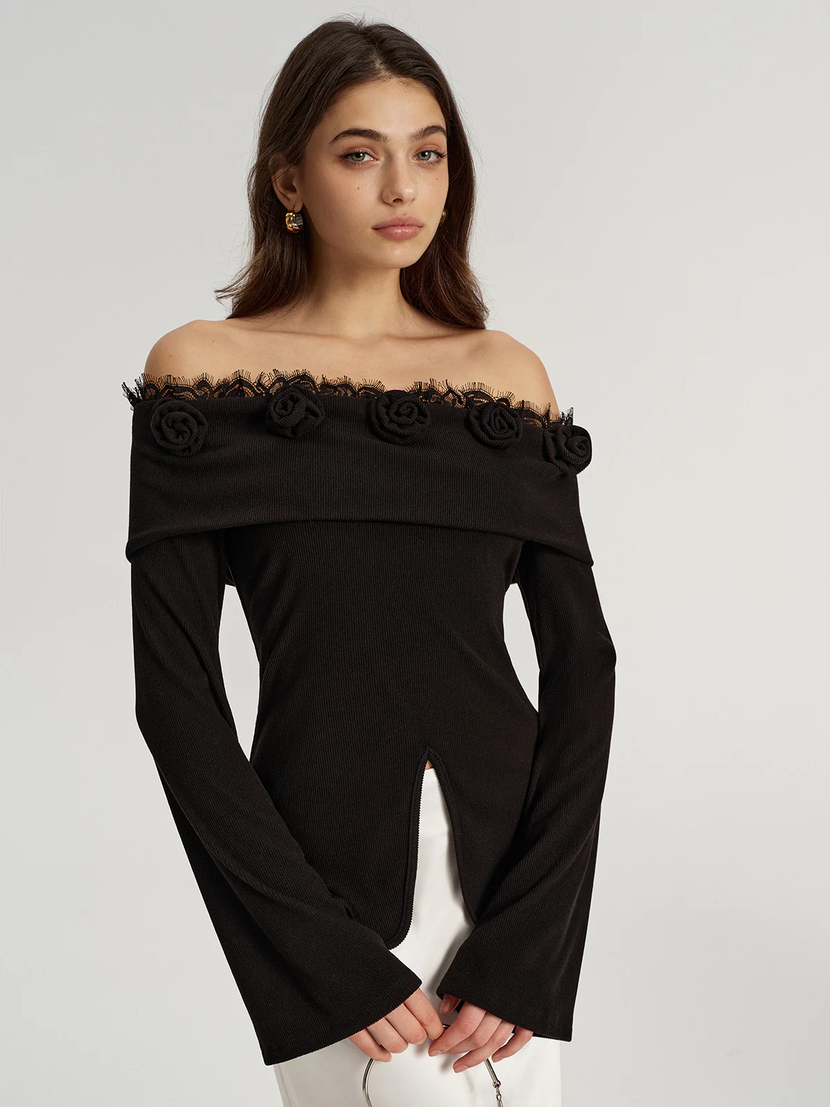 3D Rose Lace Trim Off-Shoulder Top - Wholesalesil