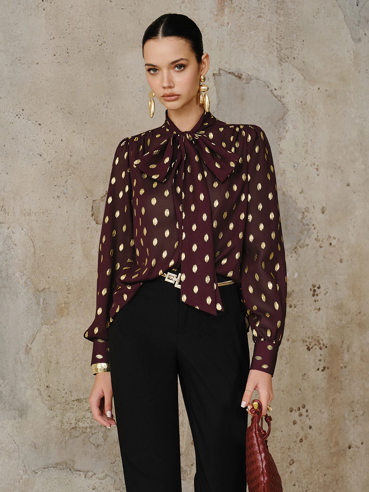 Polka Dot Bow Neckline Semi-Sheer Blouse - Wholesalesil