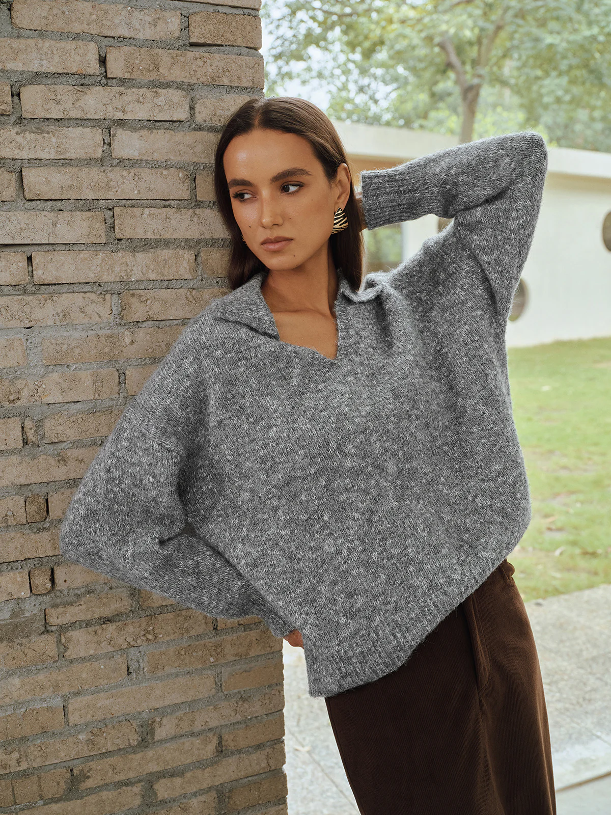 Wool Blend Collared V-Neck Sweater - Wholesalesil
