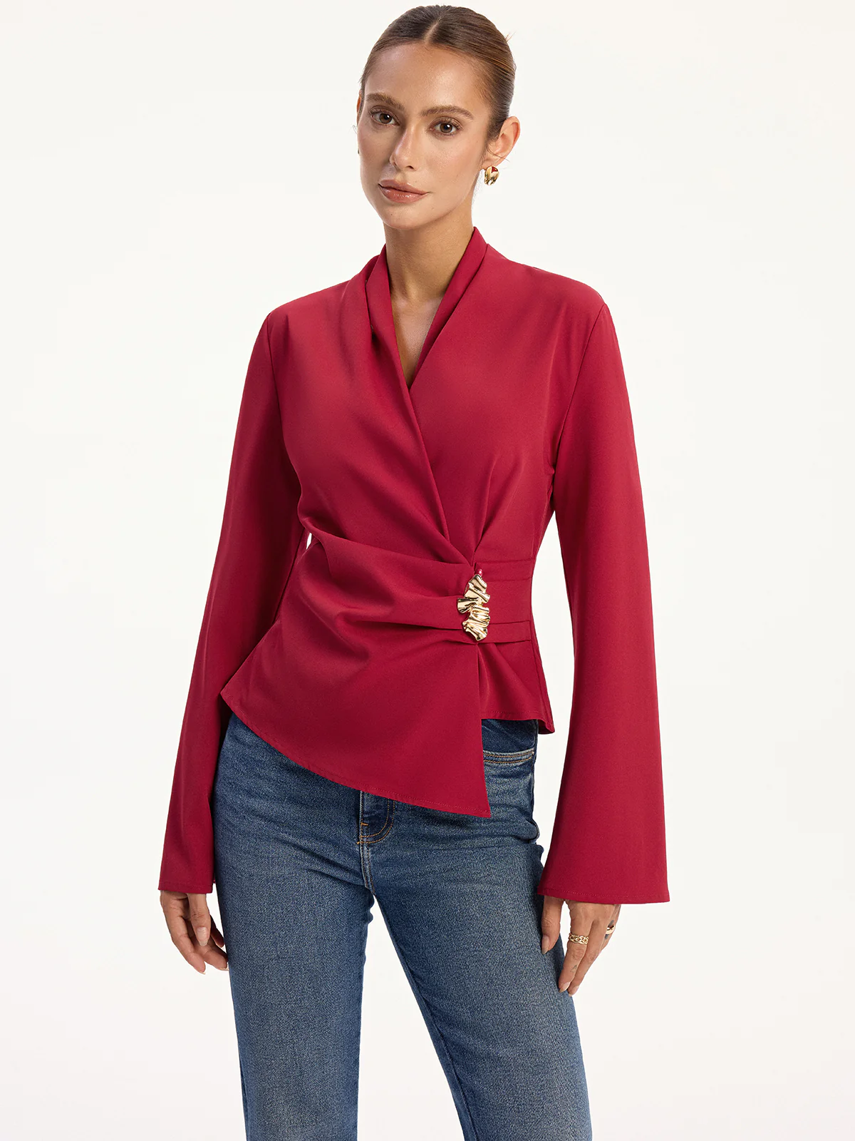 Asymmetric Metal Detail V-Neck Blouse - Wholesalesil