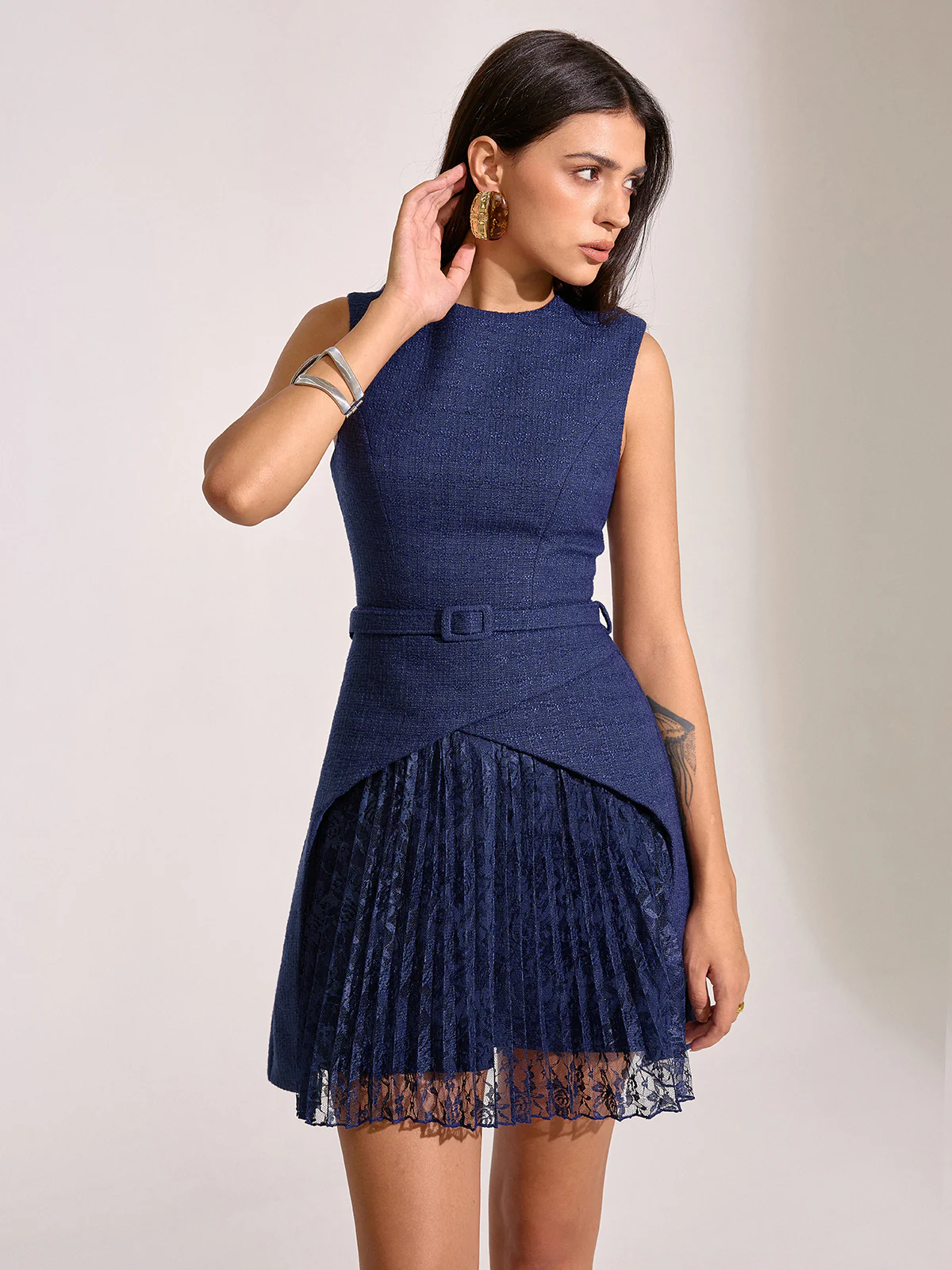 Belted Pleated Lace Mini Dress - Wholesalesil