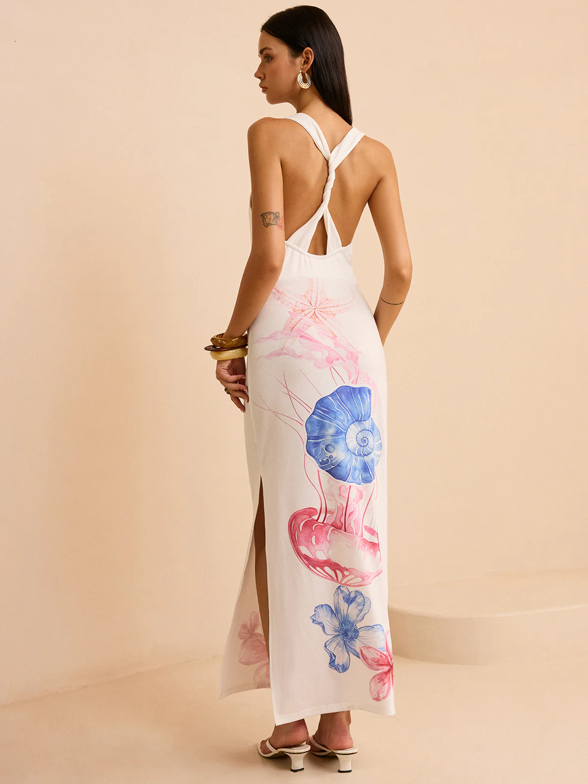 Semi-Sheer Ocean Print Maxi Dress with Slit - Wholesalesil