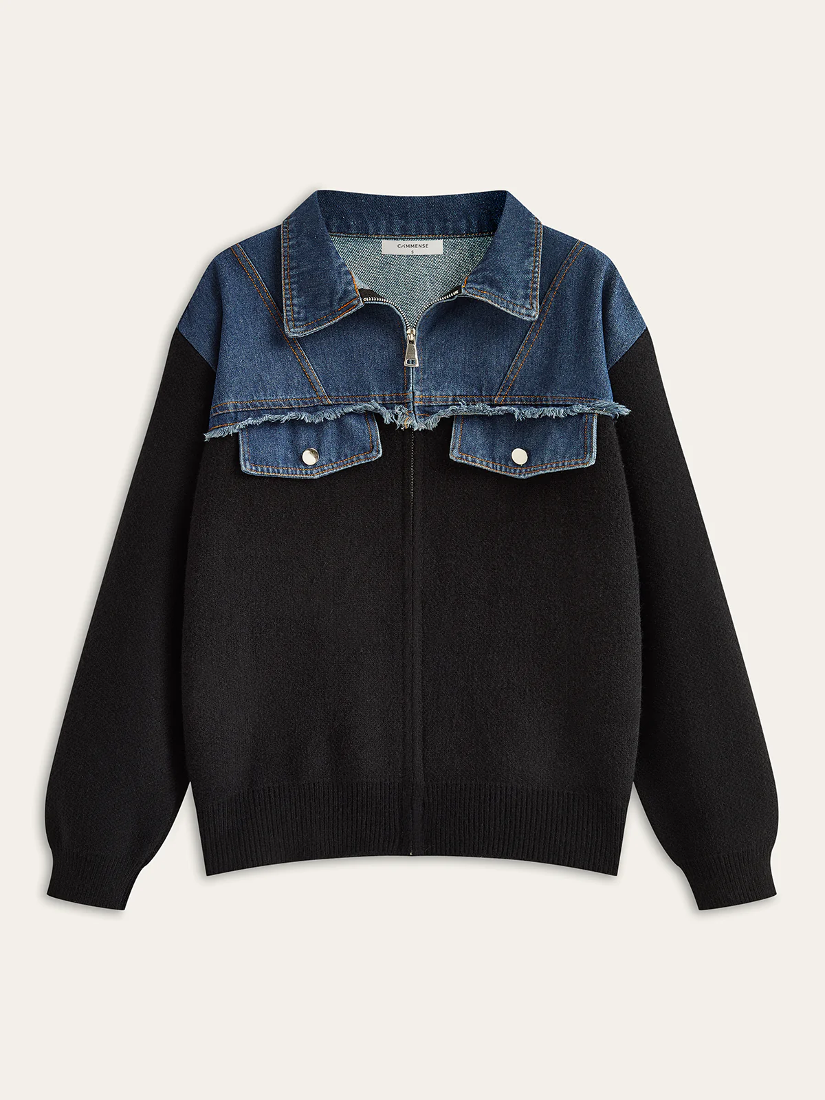 Denim Panel Zipper Cardigan - Wholesalesil