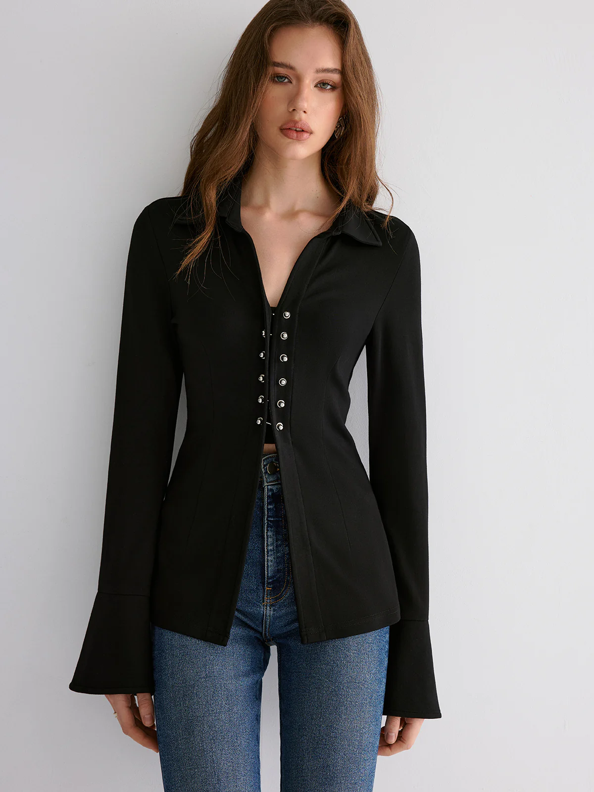 Flared Cuff Collared Blouse - Wholesalesil