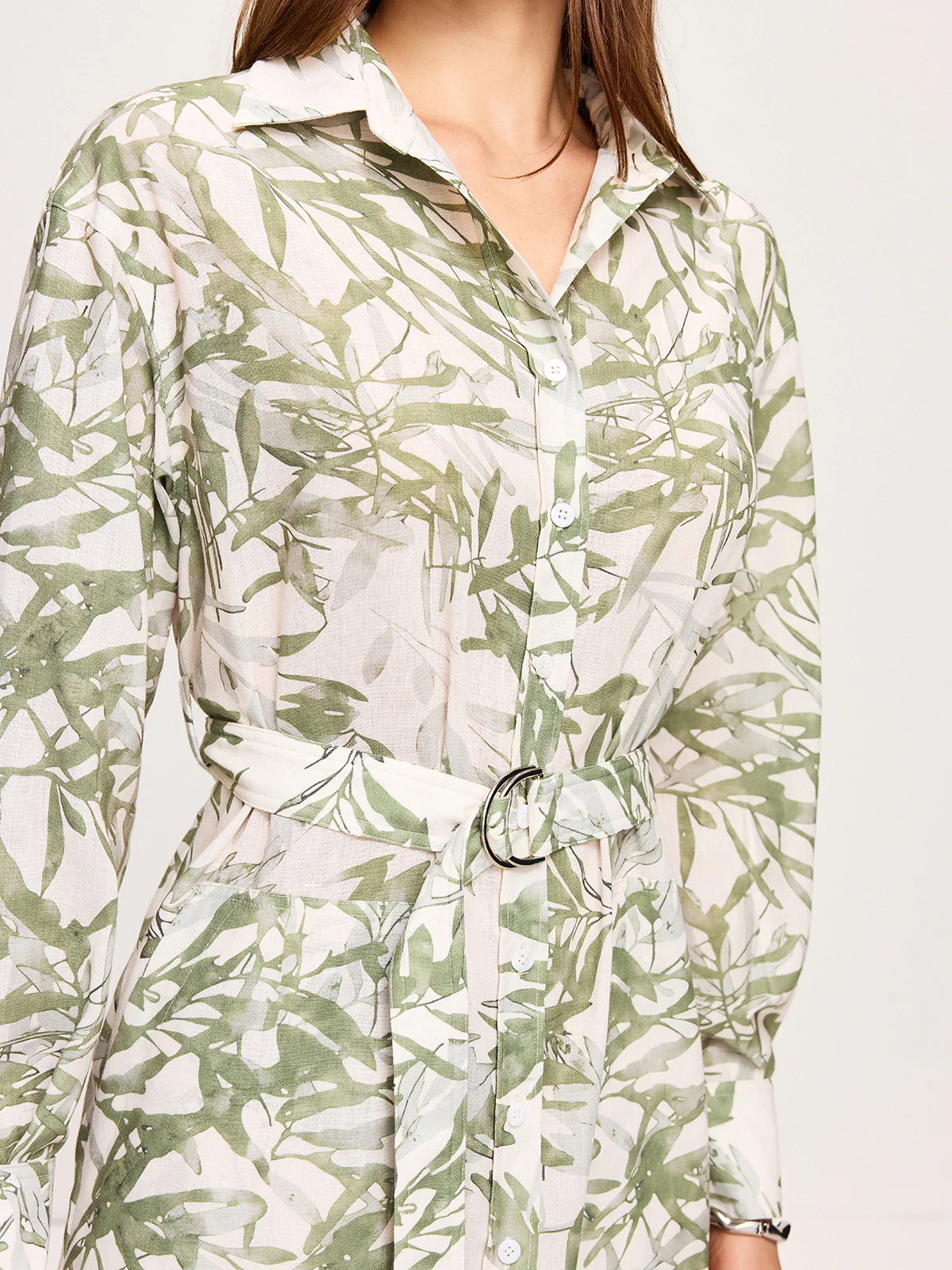 Leaf Printed  Belted Midi Dress with Slits - Wholesalesil