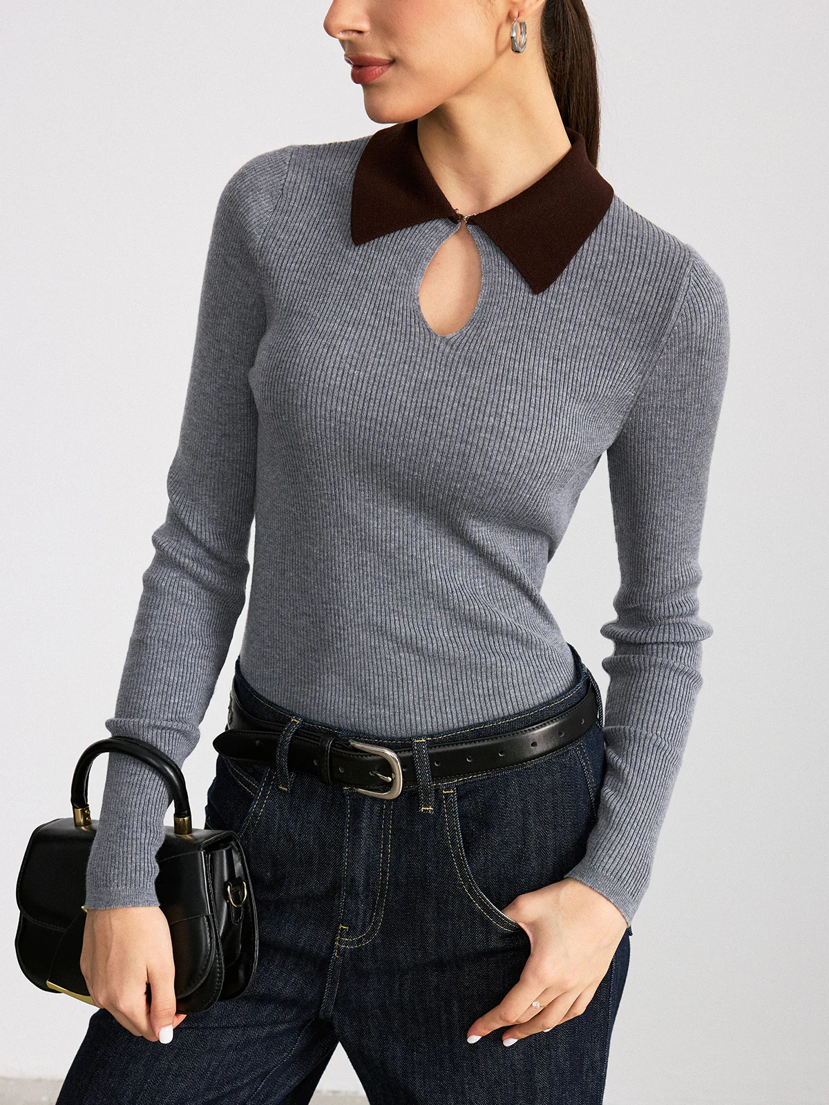 Contrast Collar Wool Blend Ribbed Knit Top - Wholesalesil
