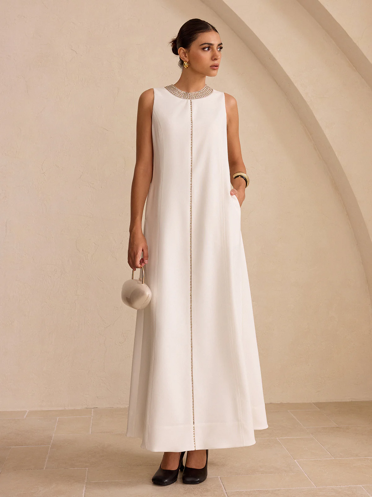 Hand-Beaded Neckline Pocket Maxi Dress - Wholesalesil