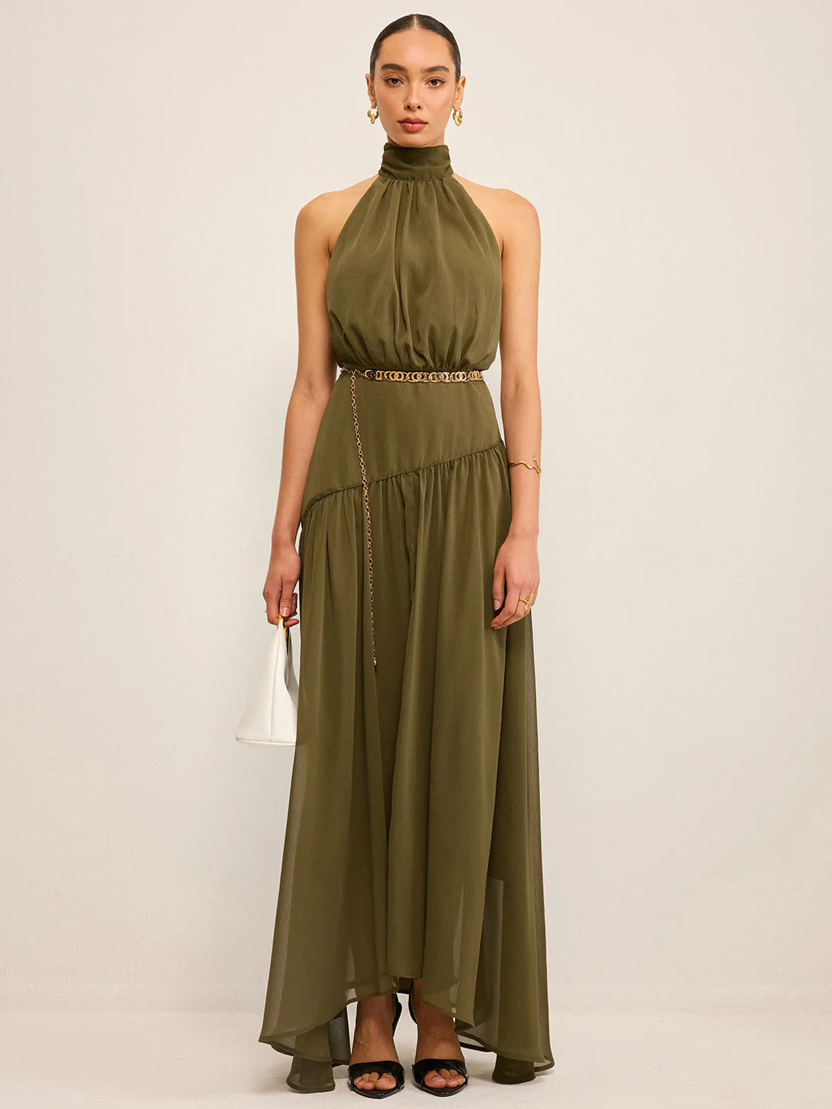 Semi-Sheer Halter Neck Chiffon Maxi Dress with Back Bow - Wholesalesil