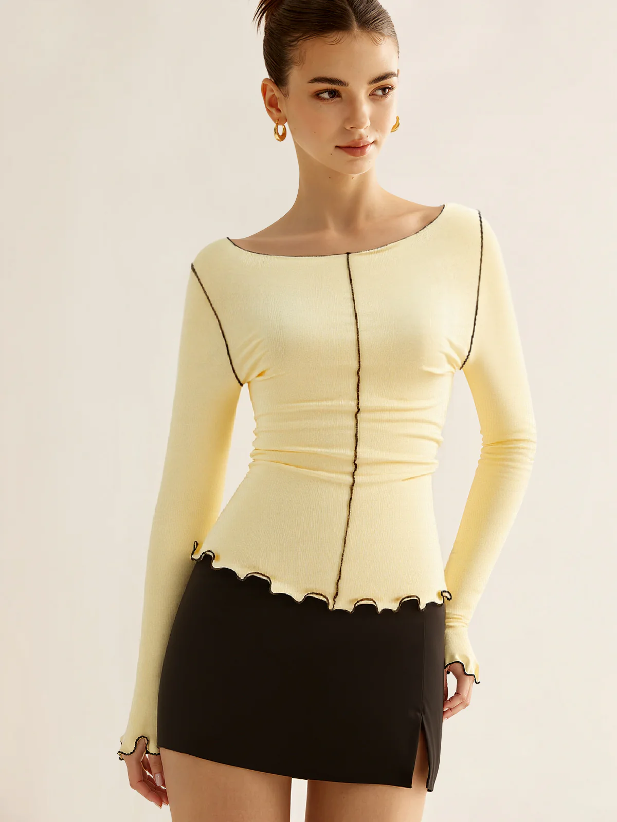 Long Sleeve Contrast Trim Ruffled T-Shirt - Wholesalesil