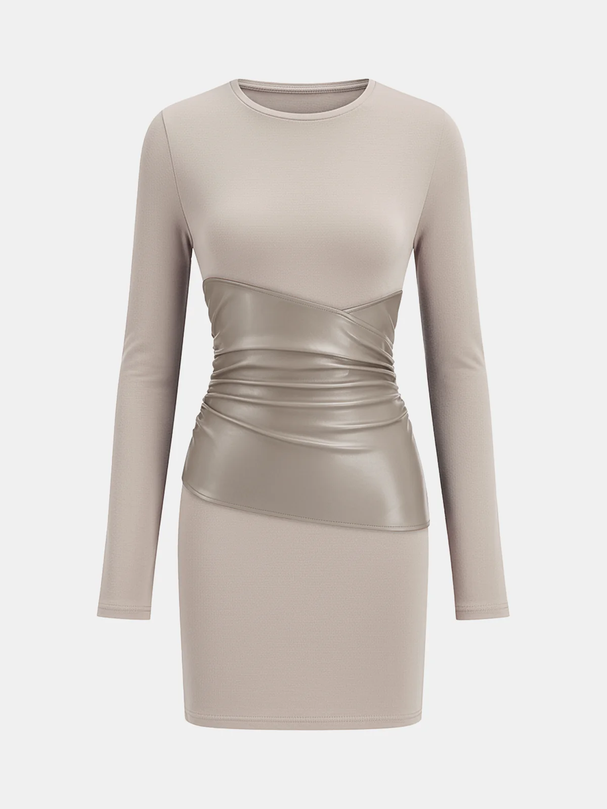 PU Leather Panel Long Sleeve Knit Dress - Wholesalesil