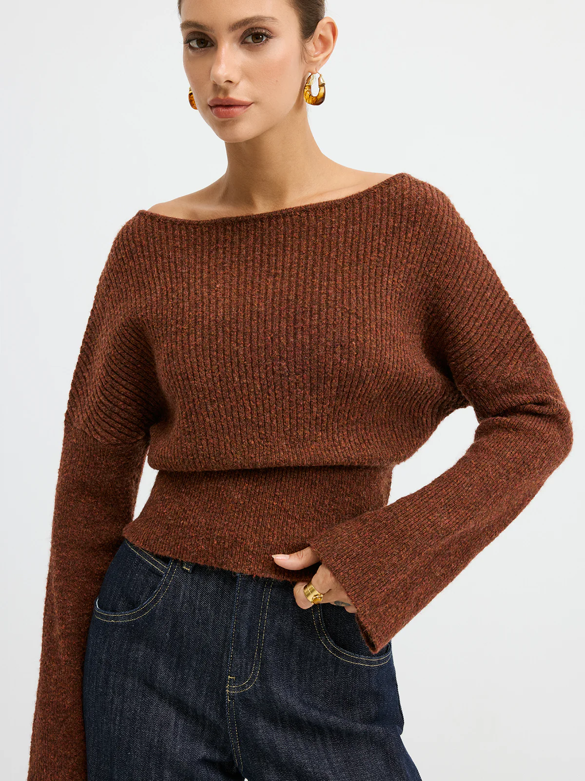Wool Blend Off-Shoulder Sweater - Wholesalesil