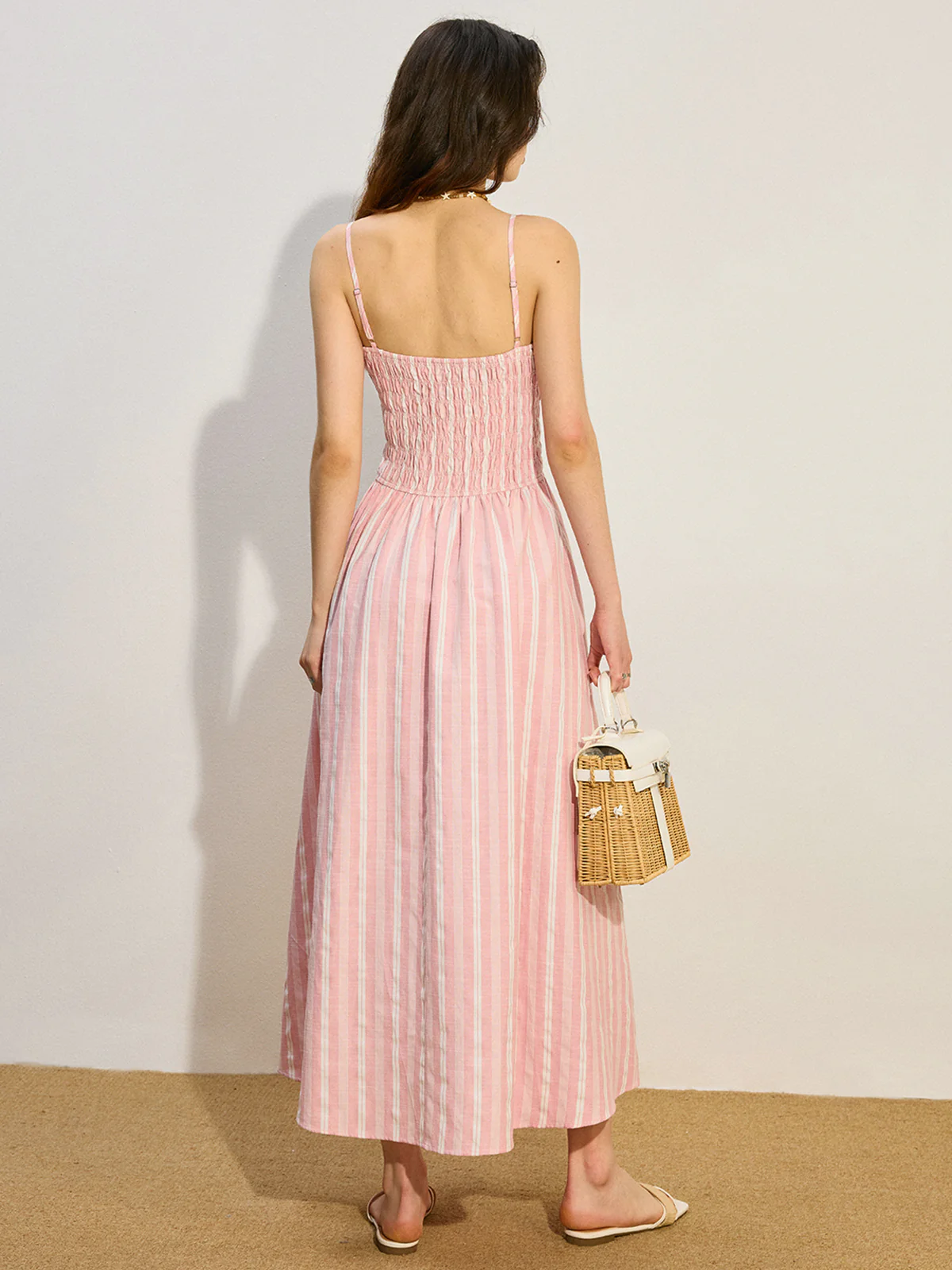 Pocketed Striped Shirred Maxi Dress - Wholesalesil