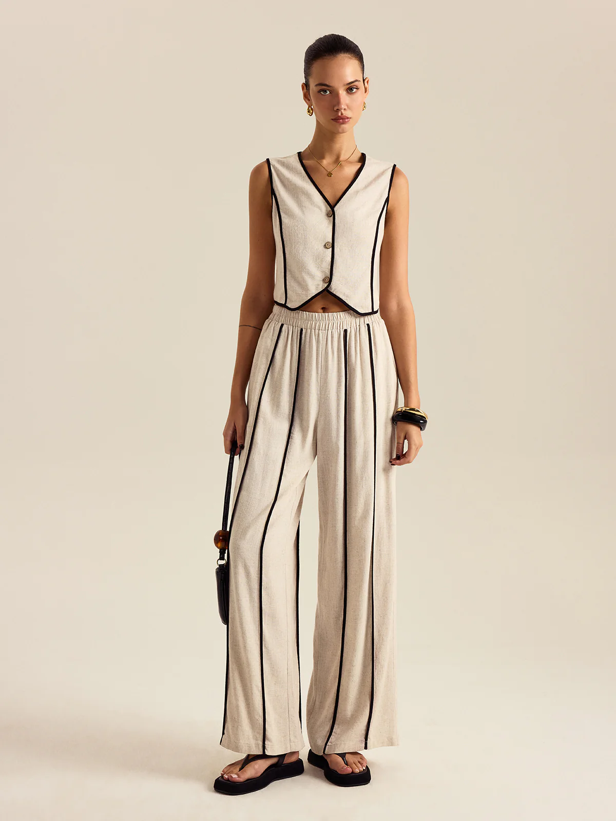 Linen & Cotton Striped Pants Set With Elastic Waist - Wholesalesil