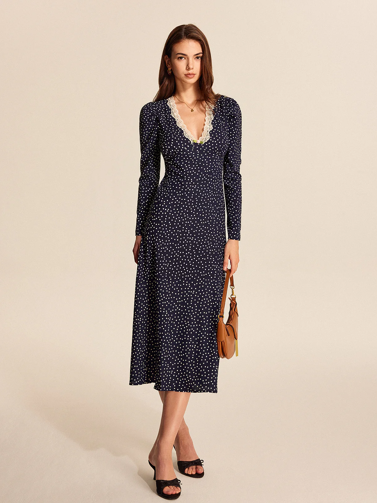 Polka Dot Lace Trim V-Neck Maxi Dress - Wholesalesil