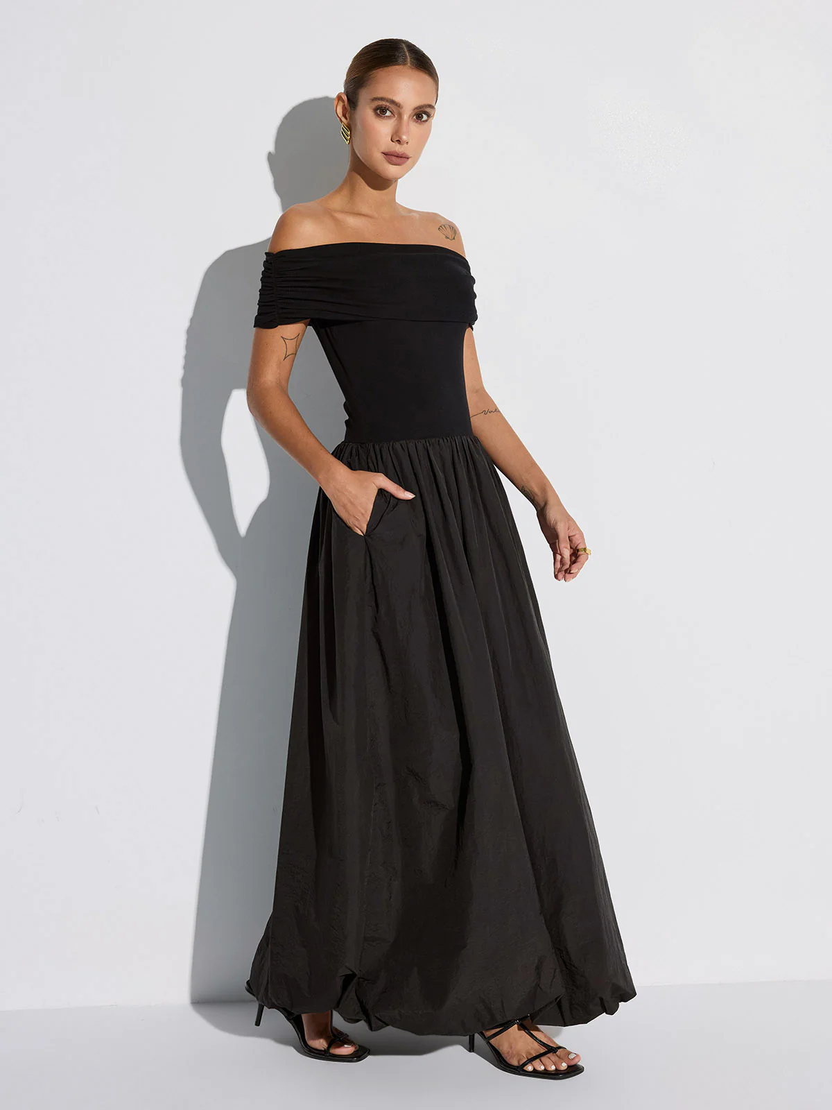 Off-Shoulder Pocket Maxi Dress - Wholesalesil
