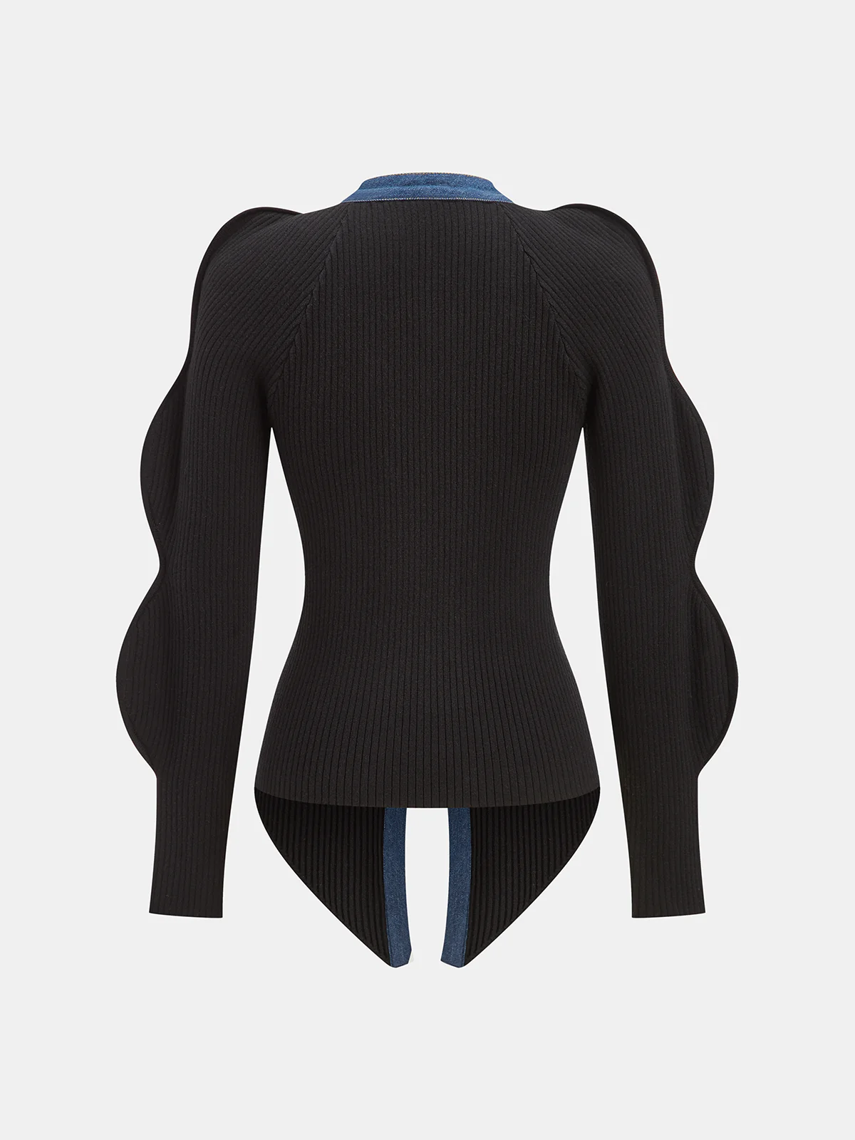 Scalloped Sleeve Denim Paneled Ribbed Cardigan - Wholesalesil