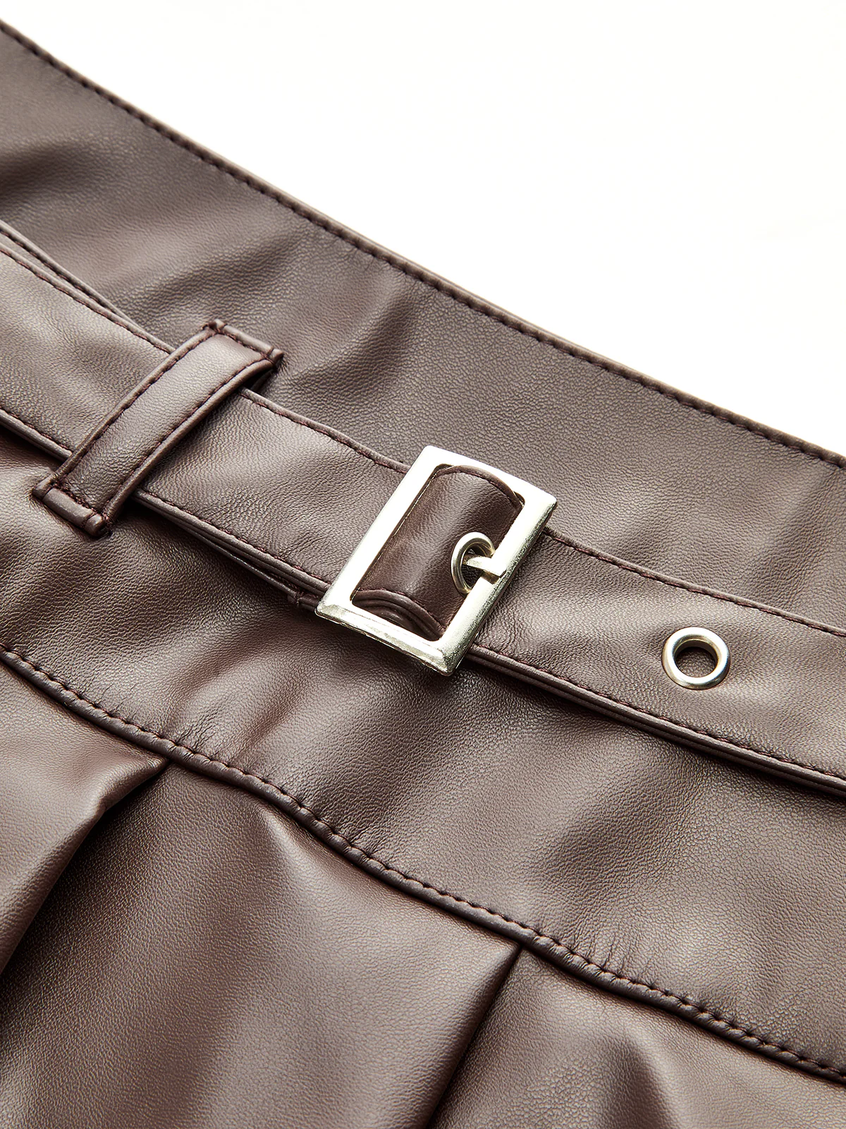 Belt-Decor Faux Leather Pleated Mini Skirt - Wholesalesil