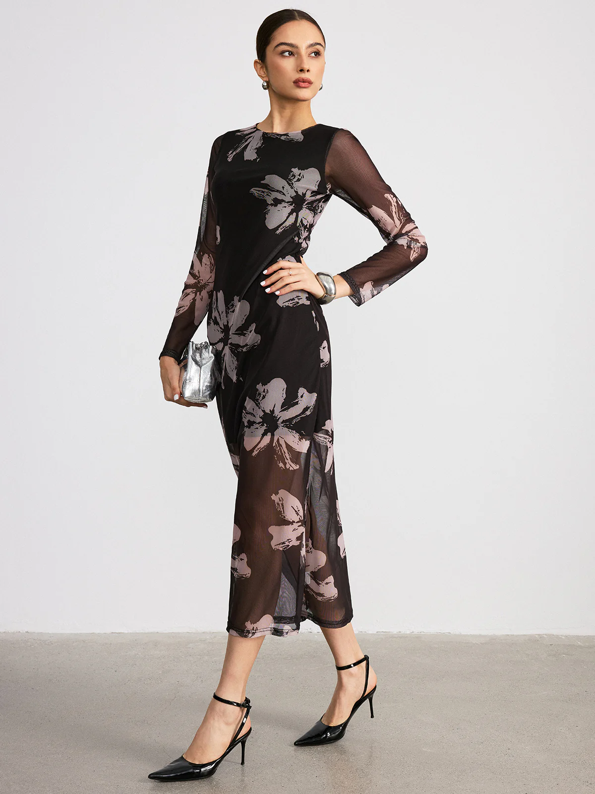 Floral Print Long Sleeve Maxi Dress - Wholesalesil