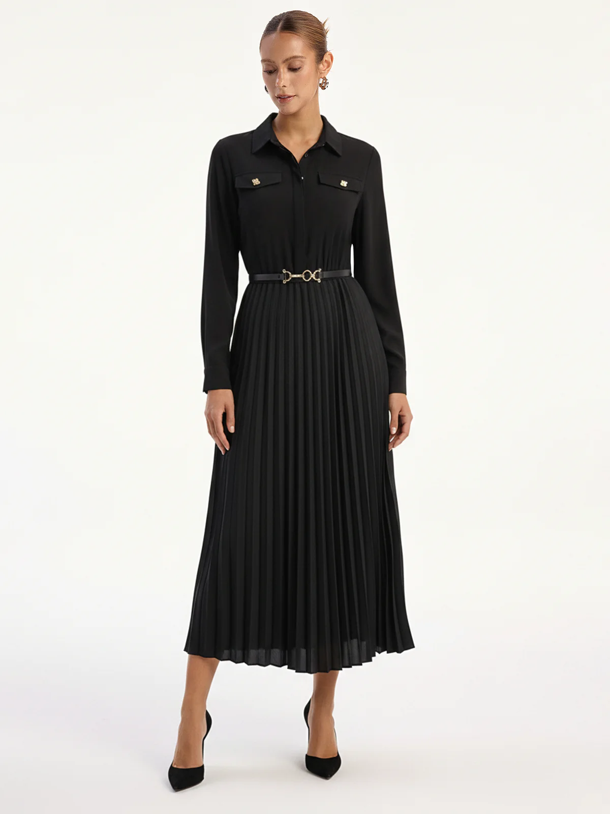 Belted Pleated Long Sleeve Shirt Dress - Wholesalesil