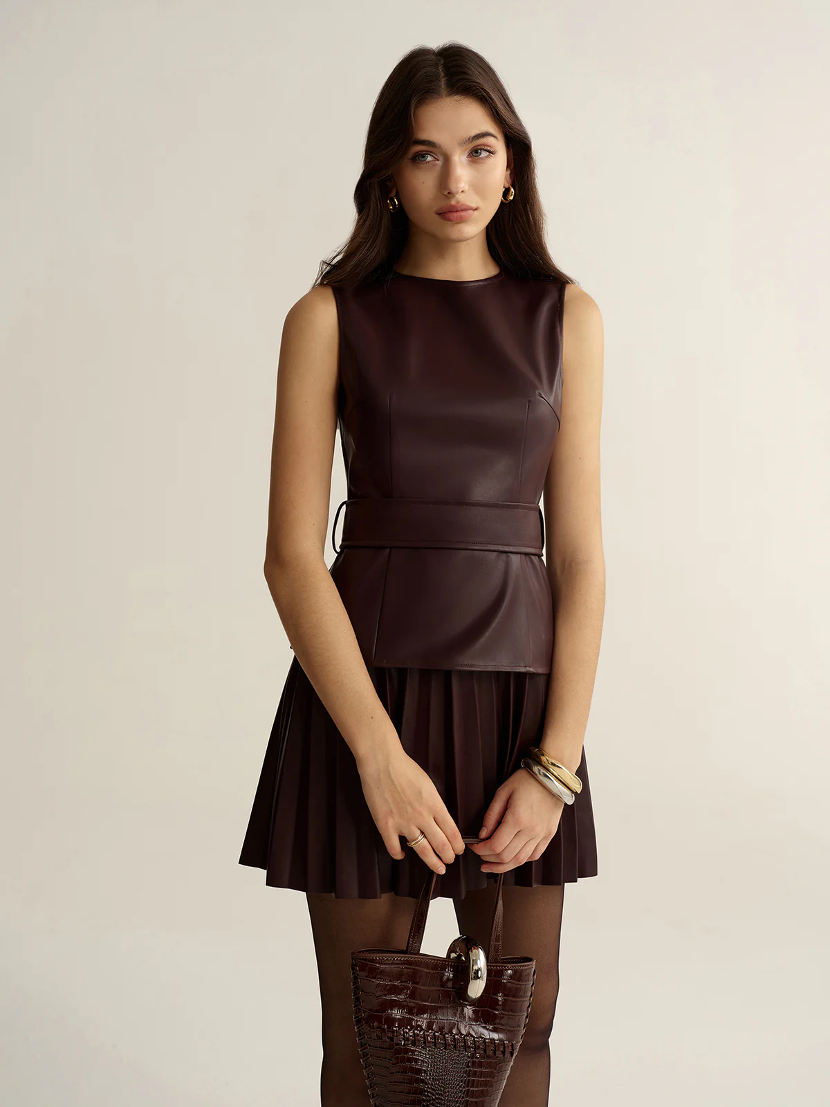 Belted Faux Leather Sleeveless Pleated Mini Dress - Wholesalesil