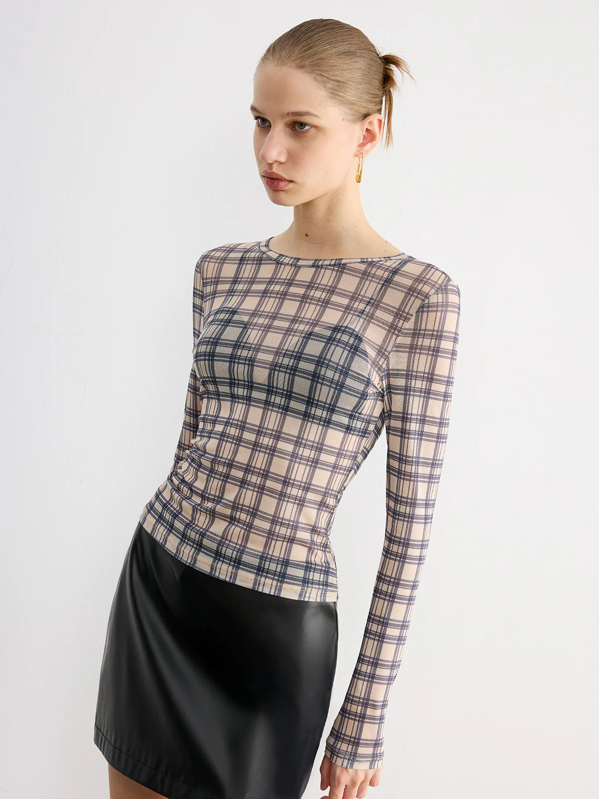 Plaid Sheer Long Sleeve Top - Wholesalesil