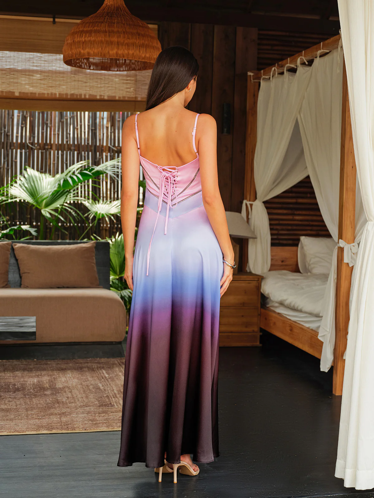 Spaghetti Straps Tie-Dye Gradient Satin Maxi Dress With Lace-Up Back - Wholesalesil
