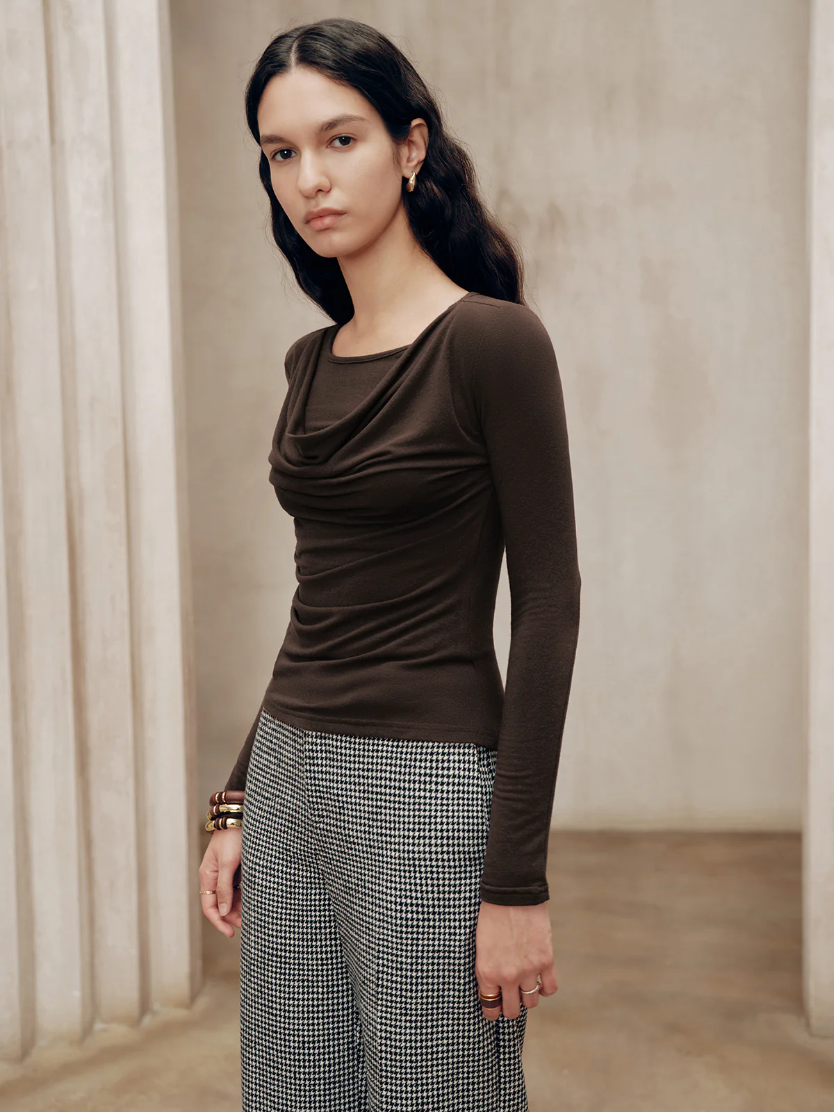 Long Sleeve Draped Crew Neck Top - Wholesalesil