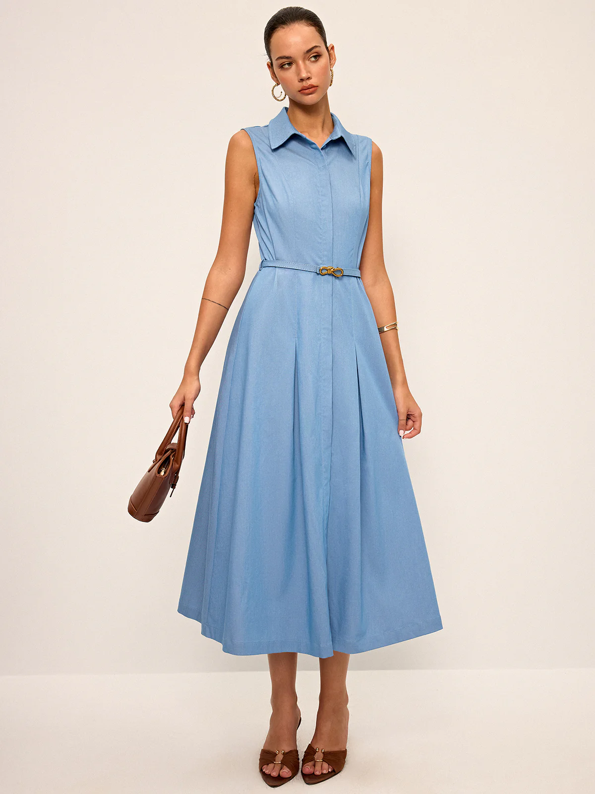 Belted Sleeveless Shirt Midi Dress - Wholesalesil