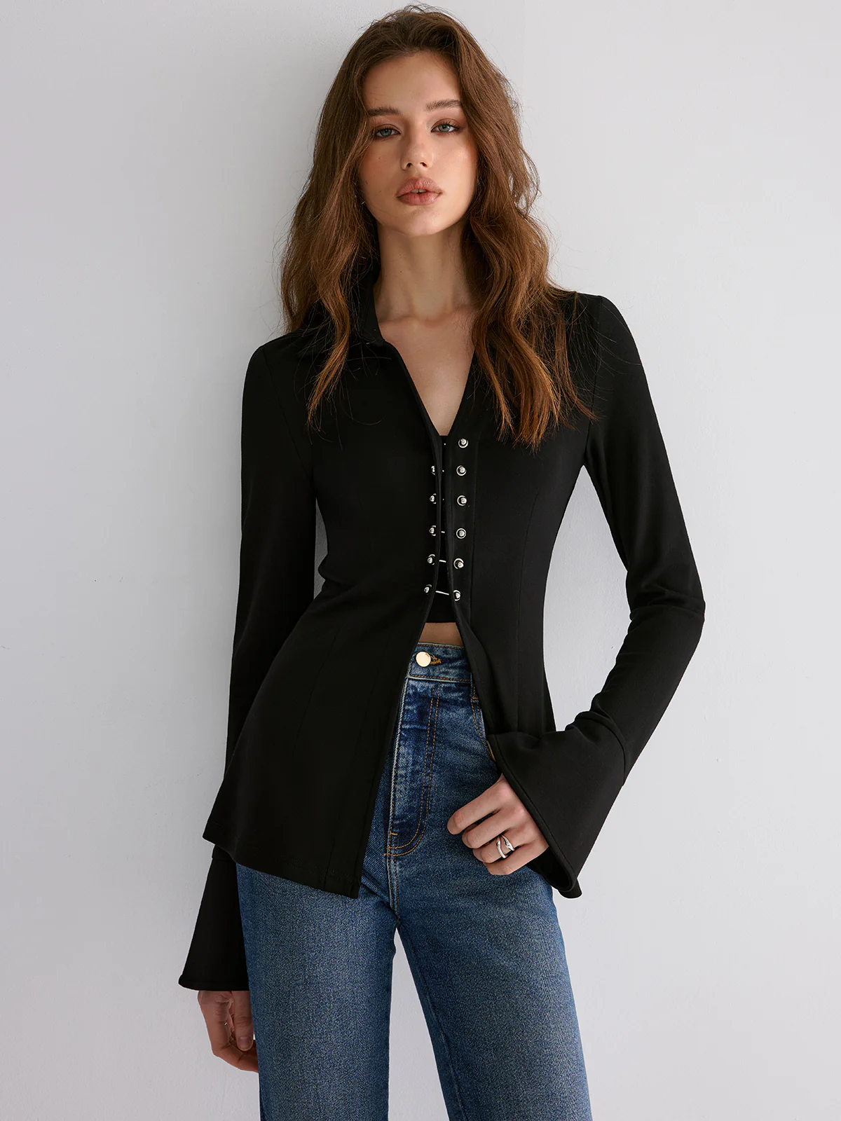 Flared Cuff Collared Blouse - Wholesalesil