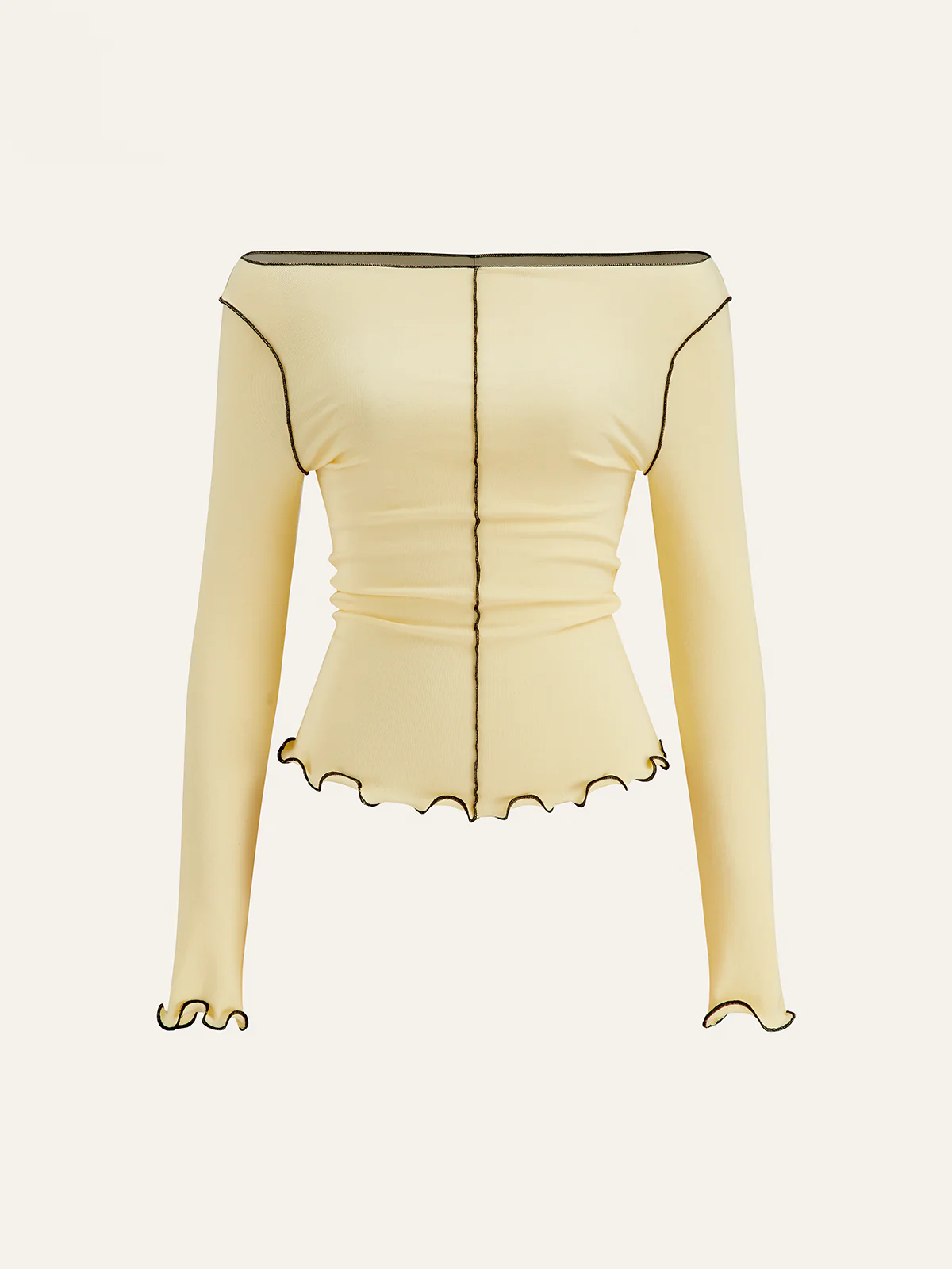 Long Sleeve Contrast Trim Ruffled T-Shirt - Wholesalesil